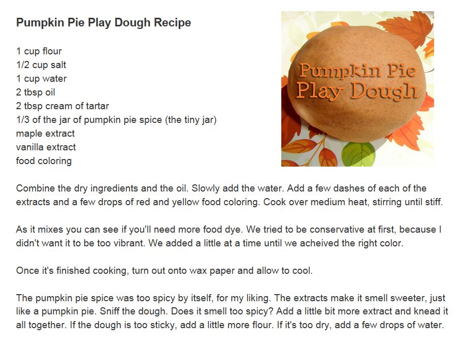pumpkin pie playdoh recipe - click pic to go to a blog with this recipe