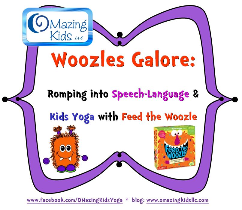 Ideas & Printables for using the Feed the Woozle game in speech-language therapy & kids yoga Woozles blog post