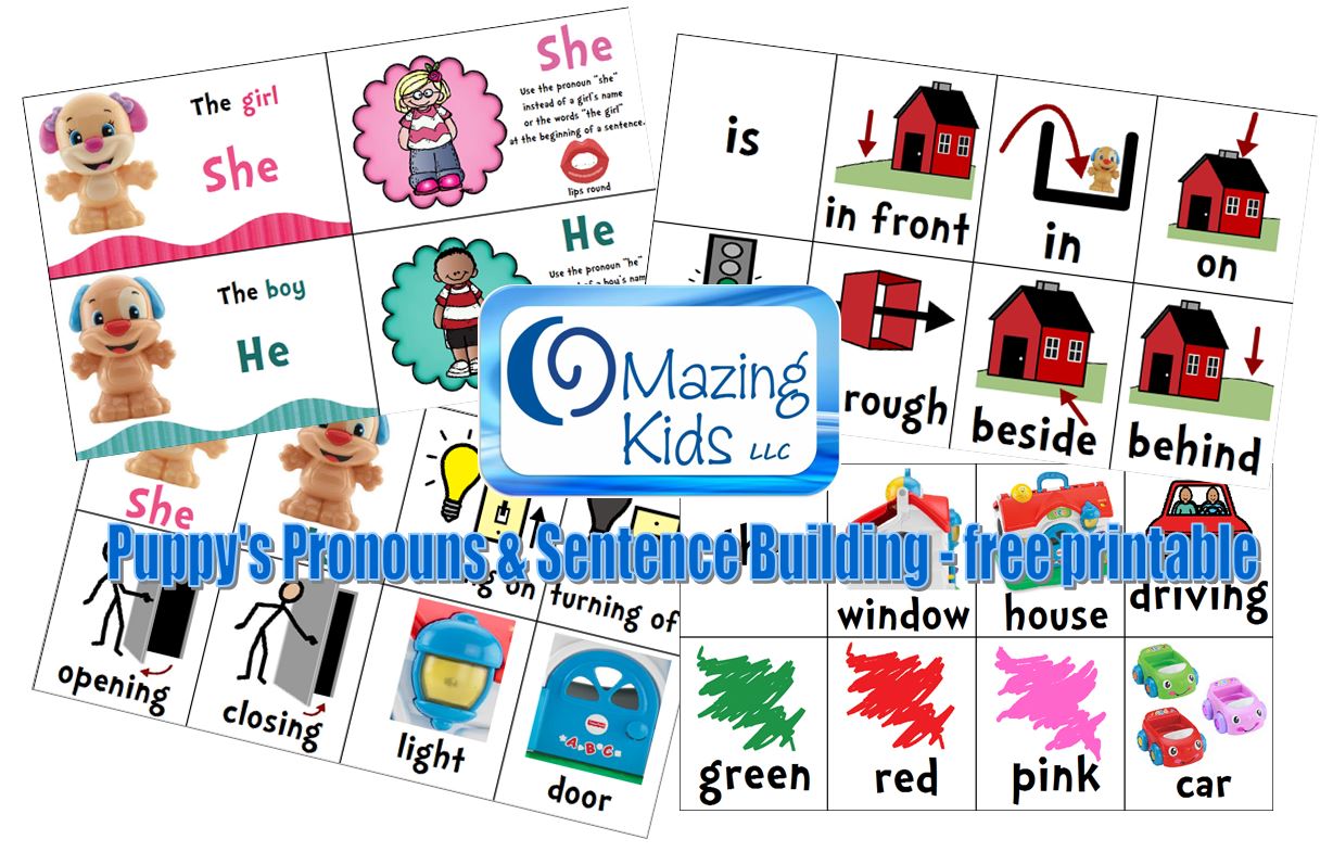 Puppy's Pronouns and Sentence Building - Free Printable - made by Angela Moorad, MS, CCC-SLP at OMazing Kids